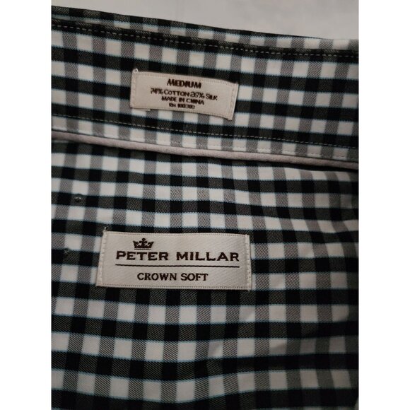 Peter Millar Crown Soft Black/White Plaid Cotton-Silk Button-Down Shirt Medium - Picture 6 of 10
